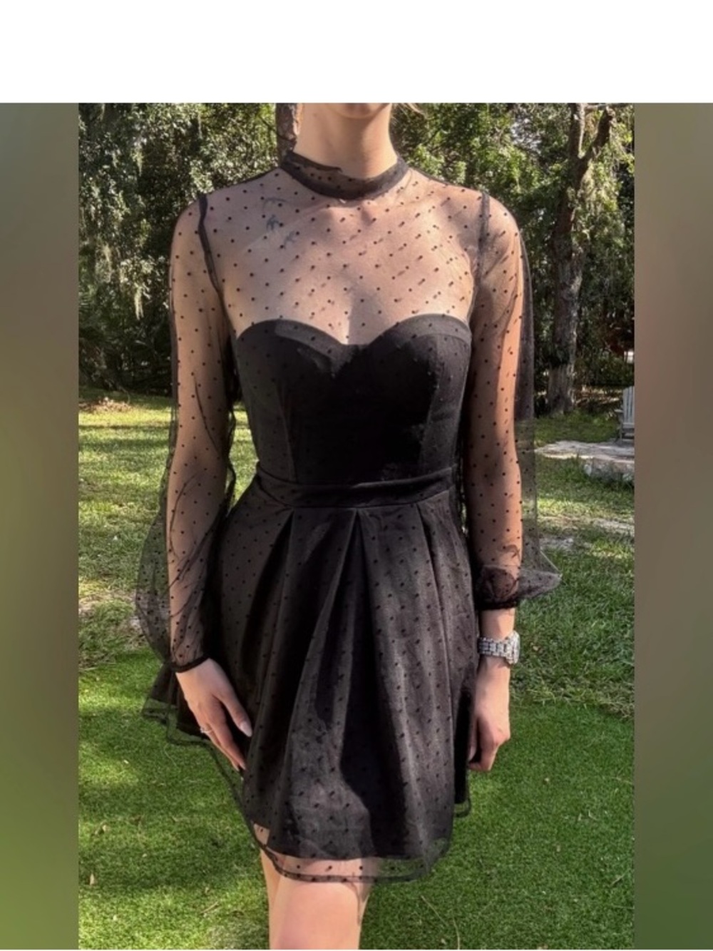 Luxxel Black Sheer Polka Dot Long Sleeve Mini Dress
